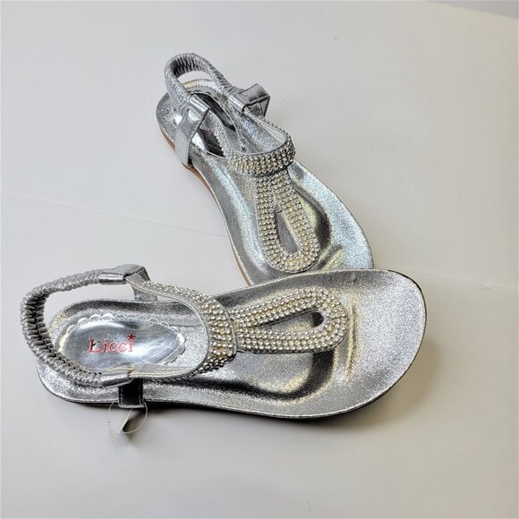 SILVER Sandals Size 7 Rhinestones Adjustable Strap Toe Post Beach Womens Sandals - Picture 12 of 13